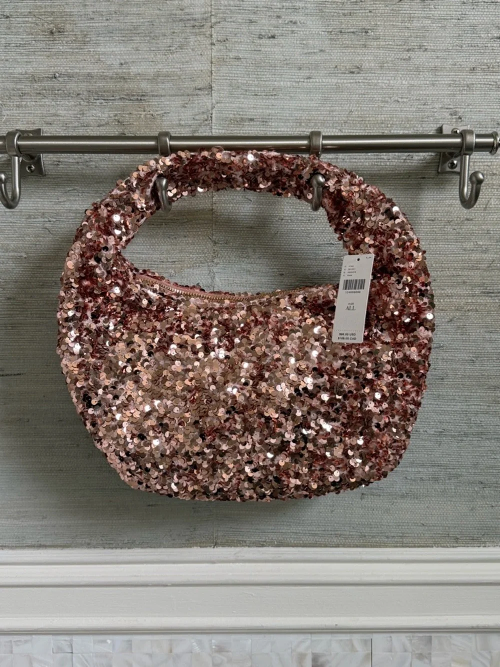 NWT new Anthropologie paillette crescent Sequin Bag Light Pink rose gold  purse